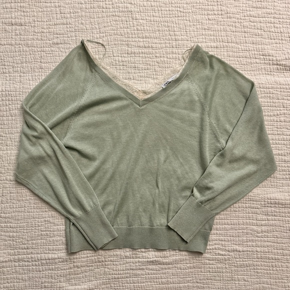 sage green lace trim sweater ♡ - Picture 2 of 3